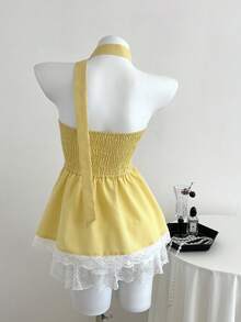 Elamini Lace Trim Hem Tube Top With Plaid Scarf - Yellow - View 2