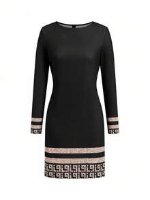 Ellevyn 女式圆领长袖修身针织几何印花黑色优雅休闲通勤短裙，秋季 - 彩色 - 查看 2