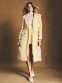 Poéselle 女士纯色口袋优雅时尚长袖夹克和裙子套装 - 黃色 - 查看 1