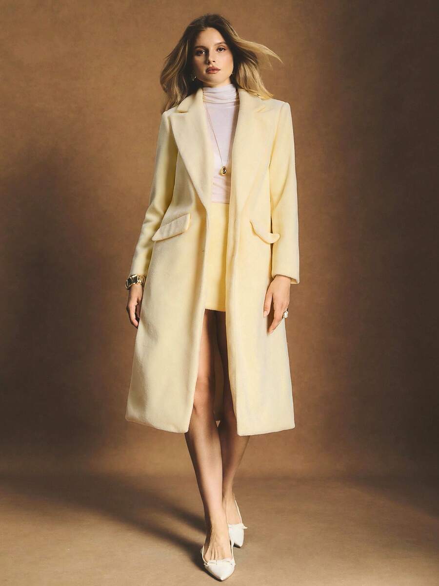 Poéselle 女士纯色口袋优雅时尚长袖夹克和裙子套装 - 黃色 - 查看 1