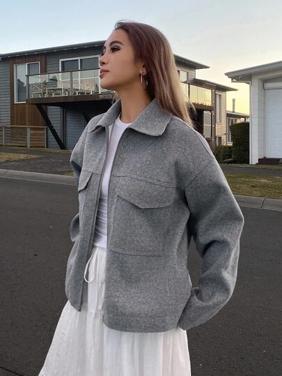 DAZY Chaqueta casual suelta con cuello decorado para mujer, abrigo de invierno para mujer