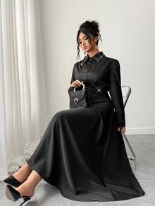 Elenzga Váy dài tay cổ ngọc trai họa tiết jacquard thanh lịch dành cho nữ cỡ lớn - màu đen - Xem 1