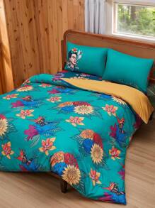 Frida Kahlo X SHEIN 三件套复古印花被套，采用磨毛面料，柔软保暖，多种尺寸可选，适用于单人床/双人床/大号床/特大号床，适合夏季、春季、海滩、度假、花卉主题。 - 墨綠色 - 查看 2