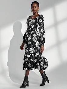 Chiquease Schwarzes romantisches Blumenkleid, Vintage französischer Quadratausschnitt, elegantes und modisches Langkleid für Frauen, Frühling/Sommer - Schwarz - Übersicht 3