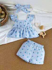 SHEIN Vintaside Kids 女寶寶心形印花荷葉邊妞妞衫和短褲 - 藍色 - 查看 1