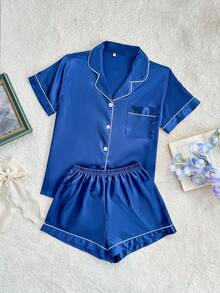SHEIN 两件套仿丝镶边领睡衣套装 - 藏蓝色 - 查看 7