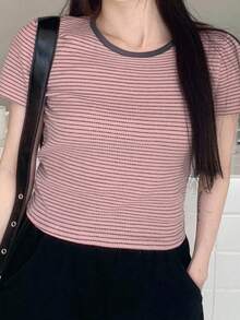 Dazy Plus Contrast Color Splice Round Neck Stripe Short Sleeve Fitted T-Shirt, Spring/Summer Woman S Summer Clothes,Crop Tops Women - Pink - View 3