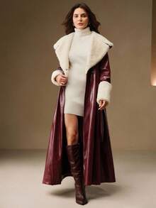 Anewsta Elegant High-Waisted Faux Fur Long Coat, Suitable For Autumn, Fall, Winter, Going Out, Elegant, Formal, Party, Chic, New Year, Christmas, Graduation, Wedding, Burgundy