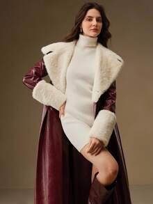 Anewsta Elegant High-Waisted Faux Fur Long Coat, Suitable For Autumn, Fall, Winter, Going Out, Elegant, Formal, Party, Chic, New Year, Christmas, Graduation, Wedding, Burgundy