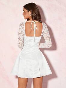 Glamine Women's Elegant White Satin Long Sleeve A-Line Dress With Lace Cuffs, Tie Waist, Ruffle Hem, Short Length, Party/Evening/Festival, Vintage French Court Style Mini Dress,Winter Clothes For Women,Thanksgiving Outfit Women,Holiday Dress,Dresses For Women Elegant,Old Money,Club Dress,Wrap Dress,Christmas Clothes Women,Vacation Outfits Woman,Birthday Dresses For Women,Concert Outfit Women,Fairycore,Homecoming Dresses Fall Cloth For Women