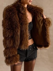 SHEIN BAE Women's Autumn/Winter Fashion Striped Faux Fur Jacket,Autumn-Winter Fur Coat,Fur Coat Women ,Faux Fur Coat,Elegant Fur Coat - Chocolate Brown - View 8