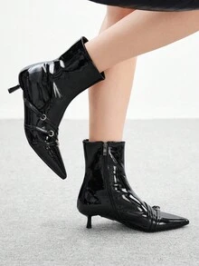 CUCCOO BIZCHIC 2026新款女士黑色漆皮尖头踝靴，低跟短靴，紧身带扣踝靴，时尚大码 - 黑色 - 查看 5