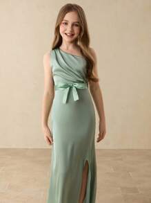 Satin One-Shoulder Bowknot Decor Hem Slit Maxi Dress For Girls, Elegant Flower Girl Dress For Wedding, Prom, Birthday Party, Christmas, Halloween, Back To School, Graduation Fall Winter - Green - View 6