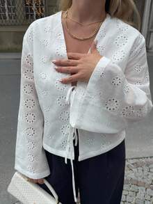 Jeta Ari Women's Casual Solid Color Woven Long Sleeve Front Tie Loose Blouse,Summer Clothing,Vacation Style,For Beach Vacation