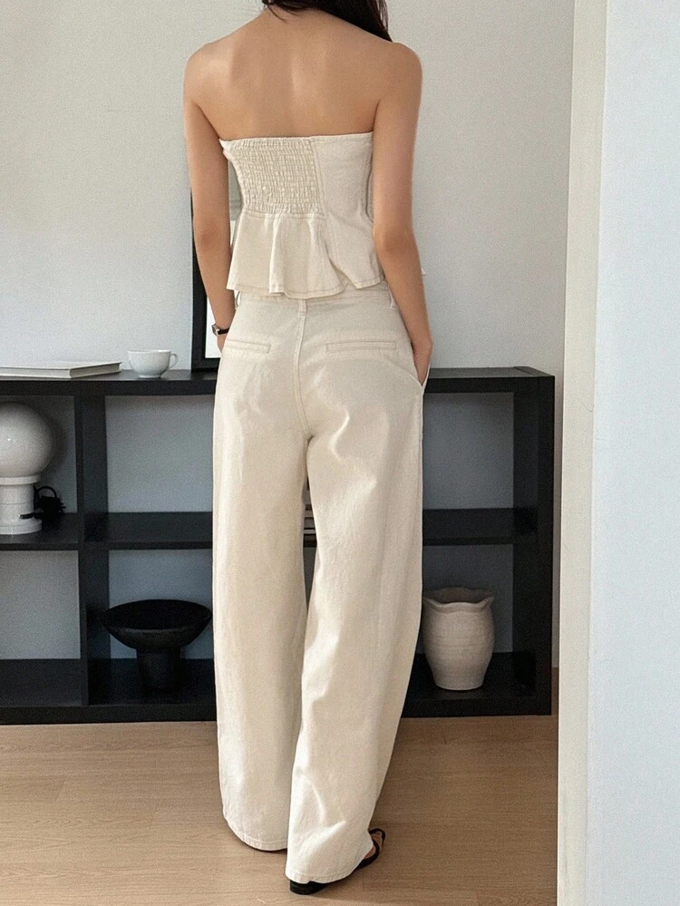 Women's Casual Solid Color Tube Top And Jeans Set, Summer Two Piece Set Women Linen Two Piece Set Summer Two Piece Set Strapless Two Piece Set Wide Leg Two Piece Set