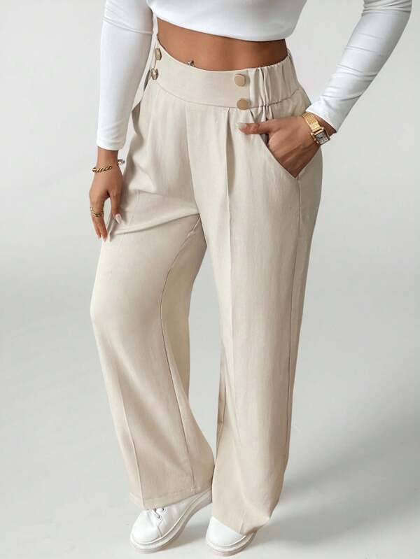 SHEIN PETITE Women's Elegant Double Button Straight Office Pants