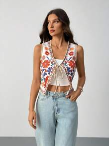 SHEIN Tall 女士休闲花卉印花抽绳夹克，夏季波西米亚风上衣秋冬花卉背心 - 彩色 - 查看 4