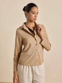 Airaco 1 件女式休闲纯色长袖衬衫（带袖口）、长袖上衣 - 卡其色 - 查看 5