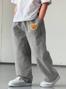 TaviRue Young Boys' Casual Street Style Striped Woven Pants With Pockets, Straight Leg, Lightweight & Comfortable, Versatile For Outings, Vacation, Photography, School, Sports, Gatherings, Suitable For Spring & Summer Comfy Pants Striped Pants Bear Pants Wide Leg Pants Baggy Pants - Black - View 6