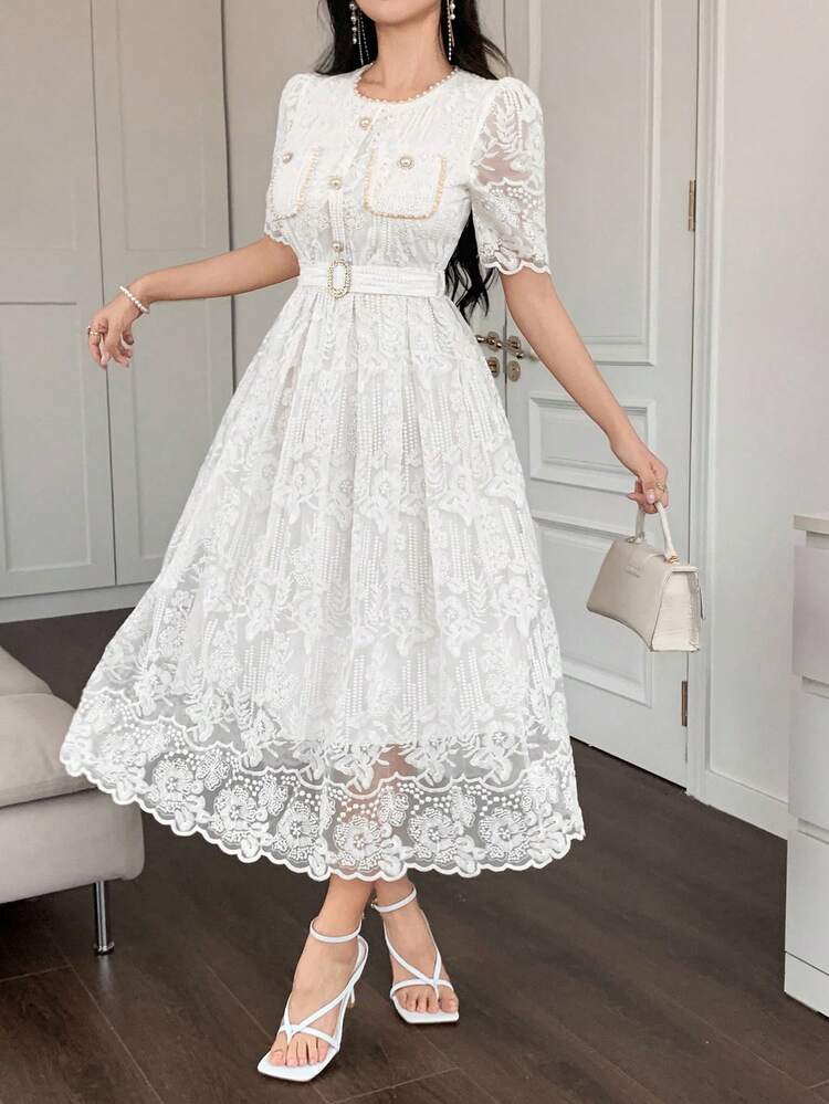 DAZY Vestido Longo Elegante de Mulher, Estilo Coreano Romântico e Jovem, com Bordado e Cadarço, Vestido de Verão Suave para Mulheres - Branco - Visão 3