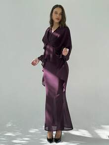 Aloruh 2件套女士纯色荷叶边百褶衬衫和裙子套装 - 紫色 - 查看 9