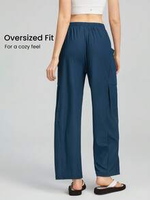 GLOWMODE Ribbed Drawstring Pockets Flowy Wide-Leg Pants Daily Casual Summer Cool Feeling - Navy Blue - View 2