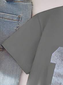 SHEIN Tween Girls Number Print Round Neck Short Sleeve Casual T-Shirt - Grey - View 6