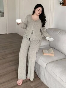 Dazy Plus 3pcs Plus Size Women Ribbed Fabric Robe & Camisole Top And Pants Pajama Set, Autumn, Fall Winter Clothes, Cozy Outfits - Olive Green - View 7