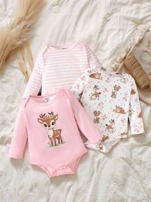 SHEIN Vintaside Kids 3pcs/Set Baby Girls Spring/Autumn Cute Deer Graphic Allover Print Long Sleeve Rompers, Combination Of Pink Round Neck, Striped, Full Body Print, Suitable For Home & Outdoor
