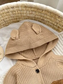 SHEIN Newborn Baby Cute Bear Patch Hooded Knit Romper, Autumn/Winter Baby Knit Romper Baby Romper Bear Baby Knit Jumpsuit Baby Hooded Romper Baby Sweater Romper Fall - Khaki - View 4