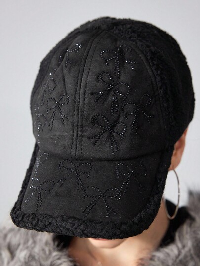 Grunge Punk 1pc Cute Butterfly Rhinestone Decor Baseball Cap, Y2K Fuzzy Black Snapback Hat, Stylish Casual Adjustable Cap