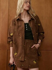 Écloséra 新款女式刺绣宽松休闲纽扣衬衫夹克，春秋季 - 咖啡棕 - 查看 5