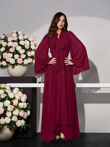 Modelyn Đầm suông tay loe cổ thắt nút thanh lịch cho nữ, màu trơn - Màu Đỏ Sâu - Xem 6