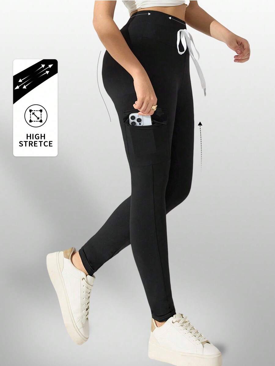 Modelyn Women's Solid Color Drawstring Skinny Pocket Leggings Fall Cloth For Women