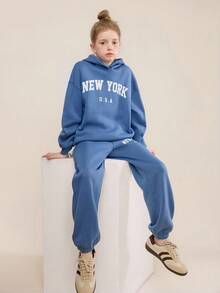 2pcs BASICS Kids Tween Girl Casual Everyday Versatile Comfortable Letter & Graphic Print Hoodie Sweatshirt And Relaxed Fit Jogger Pants Set, Suitable For Commuting, School, Casual, Holiday, Sports, Spring/Summer/Fall/Winter - Blue - View 4