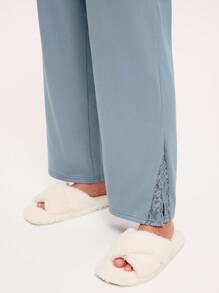 LUVLETTE 秋冬季柔软舒适100%纯棉迷雾森林风蓝色蕾丝优雅饰边纽扣上衣和裤子家居服女士透气睡衣套装裤子带口袋浪漫居家舒适秋季睡衣 - 薄荷藍 - 查看 8