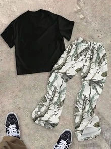 SHEIN 2 件套青少年男孩休闲动物印花 T 恤和喇叭裤套装，适合夏季 - 彩色 - 查看 3