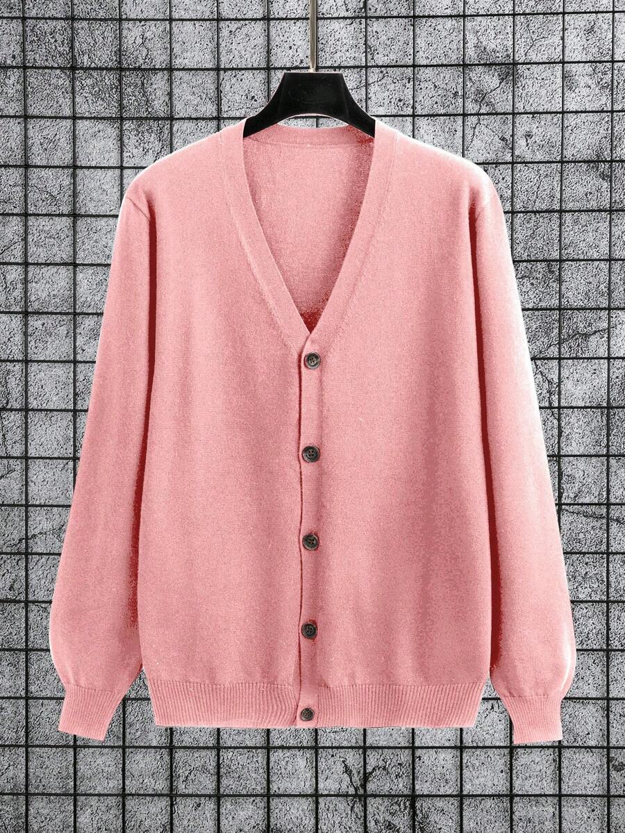 Manfinity Homme Men's Solid Color Minimalist Casual Long Sleeve Cardigan, Fall Winter - Pink - View 1