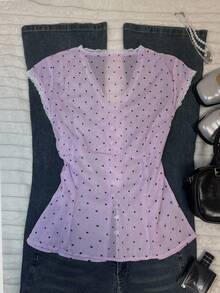 SHEIN Plus Size Women's Fashion Casual Lace Trim Button T-Shirt - Mauve Purple - View 2