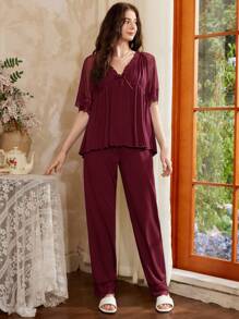 法式优雅复古网眼蕾丝拼接女士睡衣套装女士睡衣套装女士睡衣套装 V 领睡衣