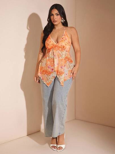 SHEIN BAE 大码女装春夏花卉荷叶边网纱透视吊带背心，万圣节/黑色上衣/演唱会/教师加大码/女士衬衫/露肩上衣/黑色上衣/外出上衣/大码正式场合/万圣节加大码服装/度假女装/夜店性感女装