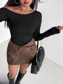 Aidyla 女式秋季复古硬币设计低腰 PU 皮革镂空短款紧身棕色派对俱乐部服装优雅铅笔裙