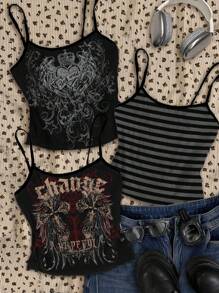 Attitoon 3 件套女式朋克十字架和翅膀印花背心，适合夏季、万圣节、十字架和爱心翅膀、黑灰色条纹、Y2K 哥特风格、复古垃圾摇滚、朋克、返校、可爱夏季上衣 - 彩色 - 查看 7