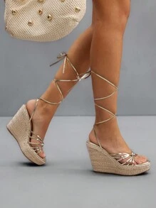 CUCCOO SZL Women's Wedge Thick Rope Sole Gold Strap Tie Up Sandals, Sexy Vacation Style