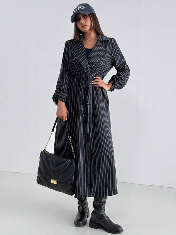 Modelyn Women's Striped Navy Blue Long Sleeve Commuter Waist Tie Tunnel Pleated Trench Coat, Autumn