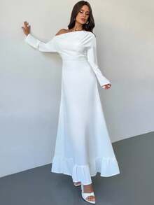 Firerie Vestido de mujer nuevo, elegante y casual para uso diario y urbano, con cuello asimétrico blanco, manga larga, volantes en el bajo y cinturón en la cintura. Vestido con cuello asimétrico, atuendo para el aeropuerto, atuendos de vacaciones, temporada de regreso a la escuela - Blanco - Ver 7