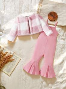 SHEIN 2 件装女婴格子羊毛开衫和罗纹针织吊带喇叭裤休闲装，秋冬 - 粉色 - 查看 1
