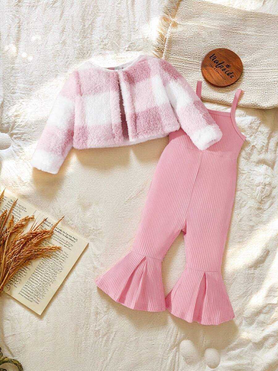 SHEIN 2 件装女婴格子羊毛开衫和罗纹针织吊带喇叭裤休闲装，秋冬 - 粉色 - 查看 1