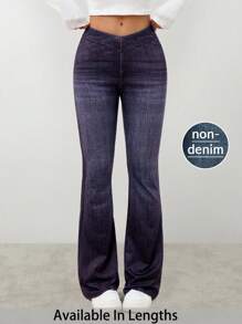 SHEIN PETITE CURVE Plus Size Non-Denim Flare Leg Pants, Denim Effect Print - Navy Blue - View 1