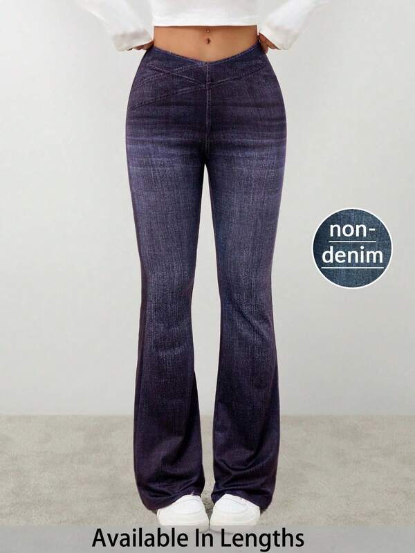 SHEIN PETITE CURVE Plus Size Non-Denim Flare Leg Pants, Suitable For Summer